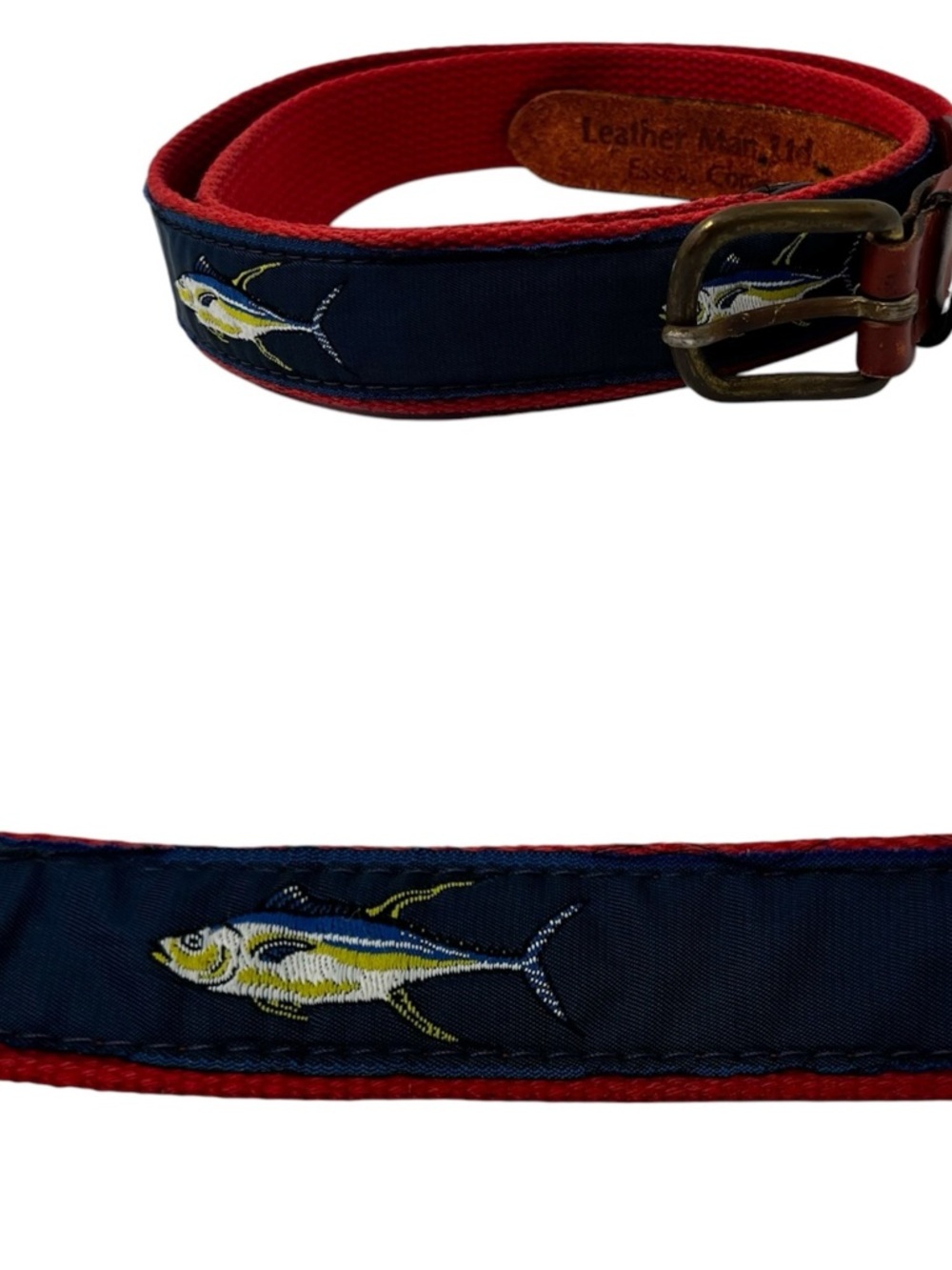 Leather Man Ltd Canvas Leather Fish Embroidered 36 Nautical Fishing Preppy Golf